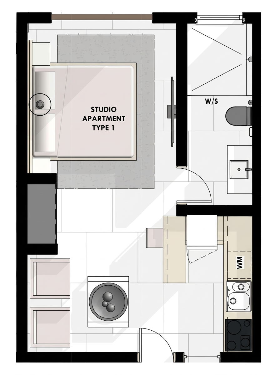 Studio Type 1 floor plan at Zora